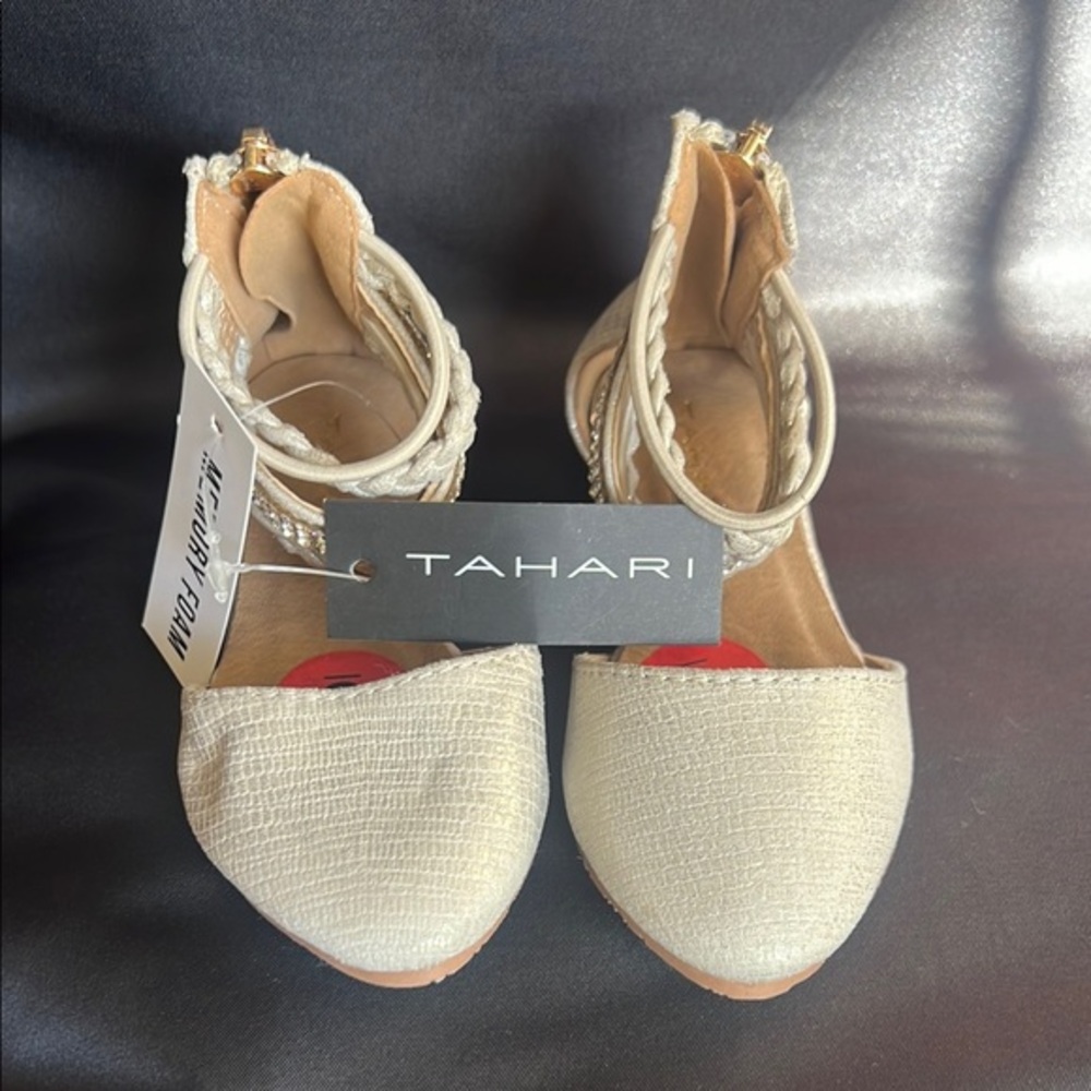 Tahari Cream and Gold Dress Shoes with Woven Ankle Strap